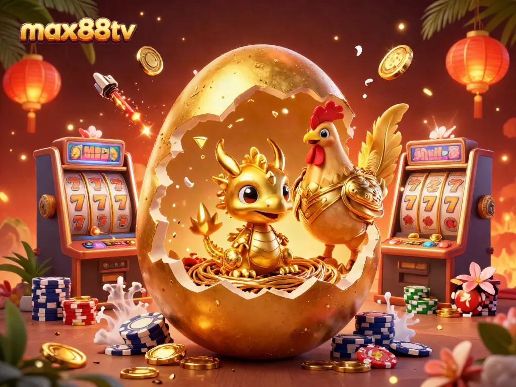 Experience thrilling slots at max88tv with a vibrant scene featuring golden poker chips and prizes.