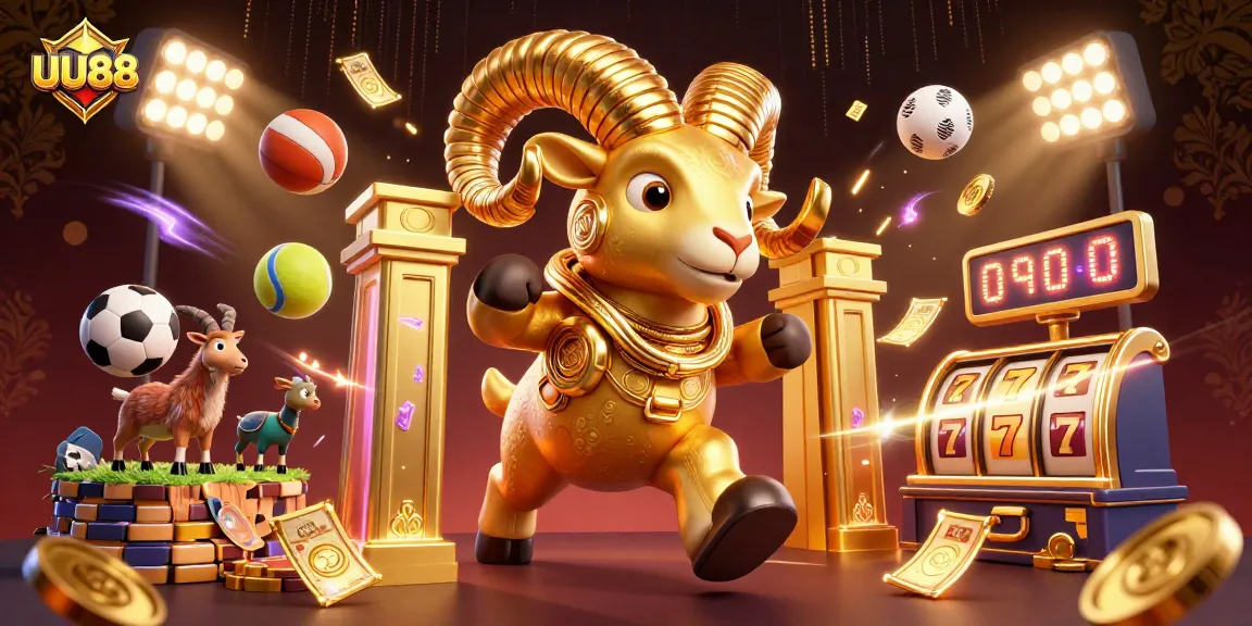 Engage in thrilling gameplay with UU88 featuring a golden ram amidst dynamic sports elements.
