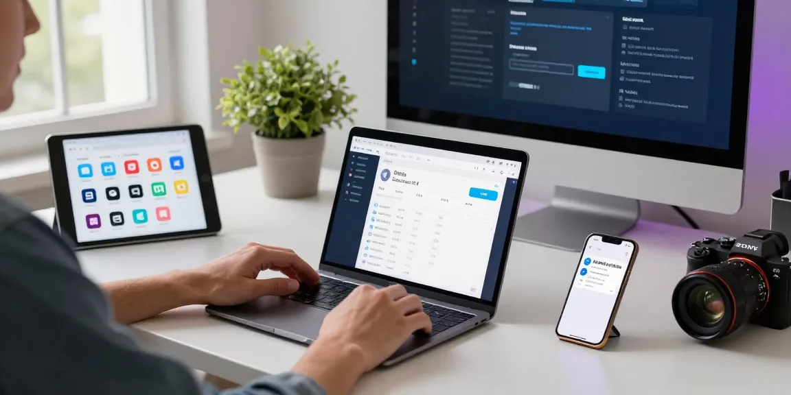 Setting the Telegram Chinese interface on a modern tech workspace, showcasing language settings and productivity tools.