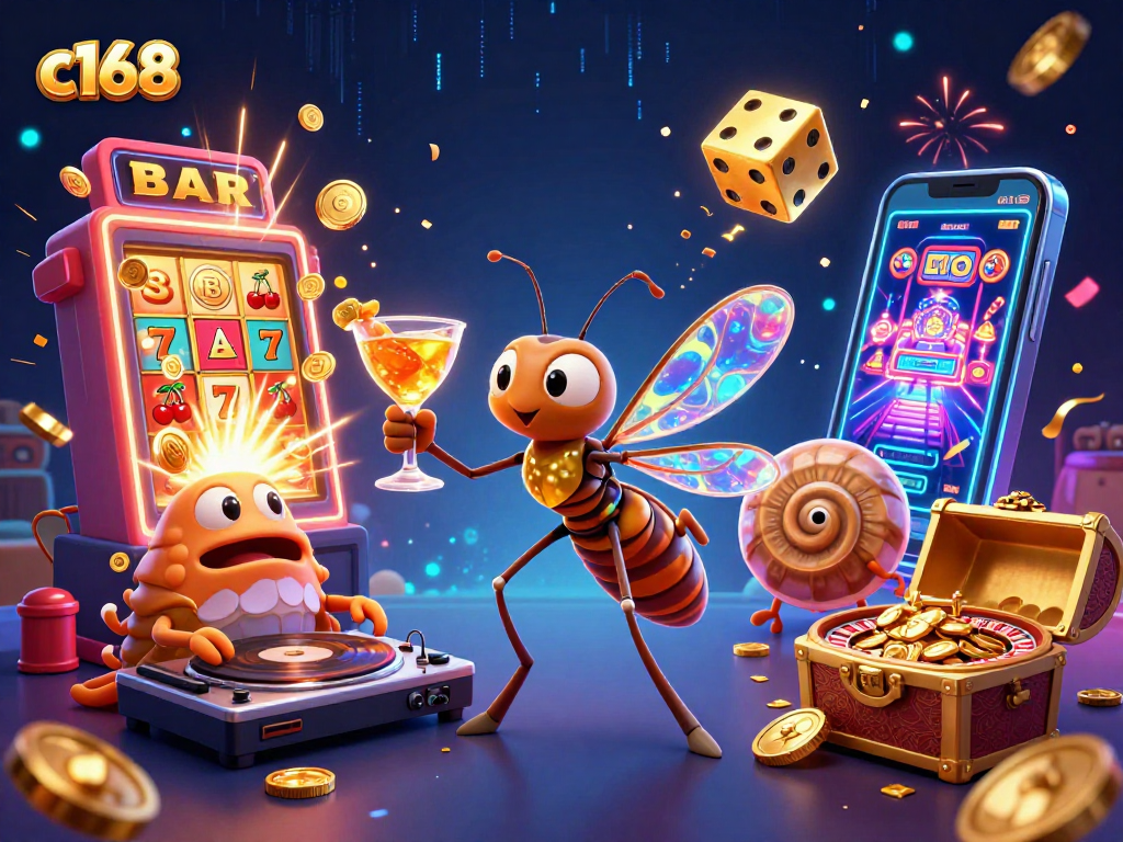 Experience thrilling games and jackpots at c168 with animated characters and casino elements.