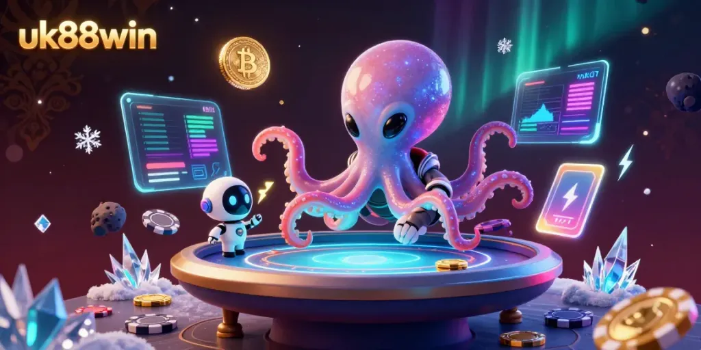 Engage in thrilling online gambling activities with the vibrant uk88win in this ultra-detailed 3D illustration featuring an alien octopus at a holographic poker table.