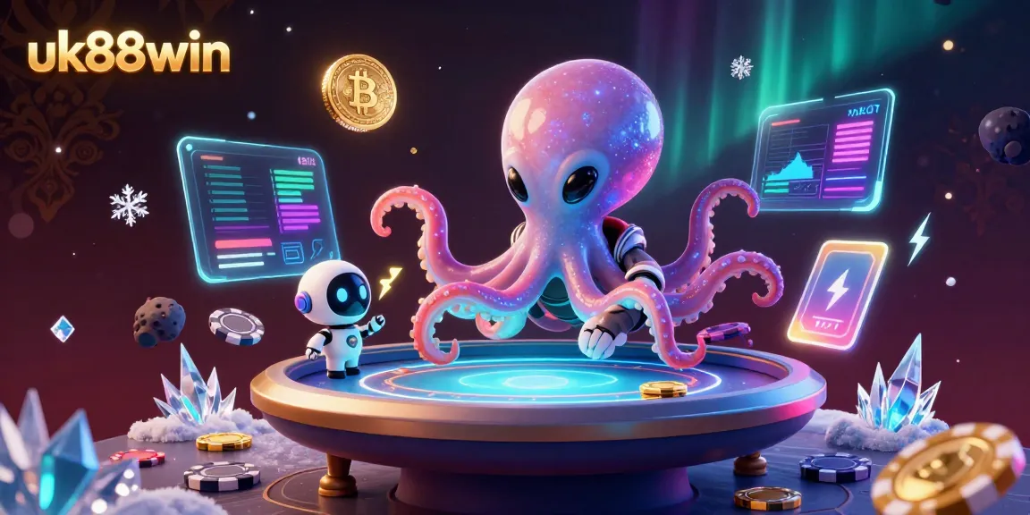 Engage in thrilling online gambling activities with the vibrant uk88win in this ultra-detailed 3D illustration featuring an alien octopus at a holographic poker table.