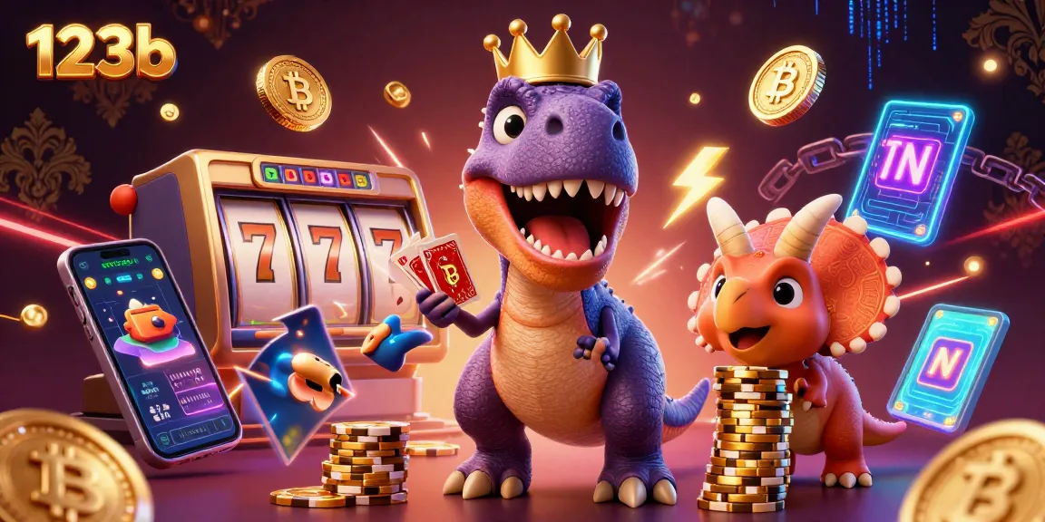 Engage with 123b's dynamic illustration featuring friendly dinosaur characters in a vibrant casino environment.