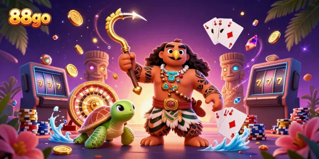 Enjoy dynamic gaming excitement with 88go amidst a vibrant casino scene filled with shimmering coins, cards, and more!