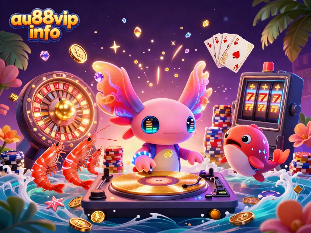 Watch the vibrant axolotl DJ spinning records at a lively casino party celebrating au88vip info.