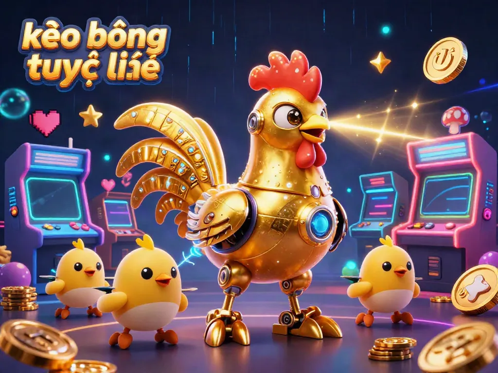 Engaging kèo bóng trực tuyến image featuring a dynamic rooster robot and chick drones in a vibrant gambling scene.