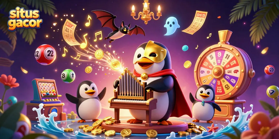 Permainan slot di situs gacor dengan dadu berwarna-warni dan simbol jackpot yang mengelilingi penguin dengan topeng emas.