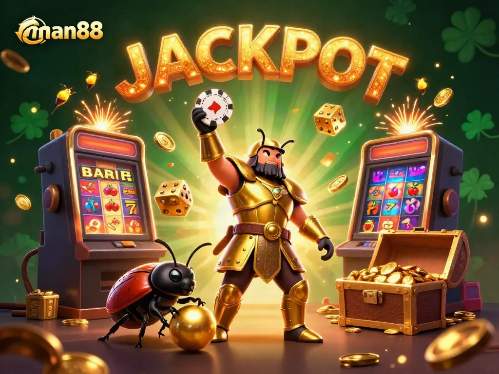 Experience thrilling wins at man88 with a vibrant jackpot celebration featuring a victorious beetle and dynamic casino elements.