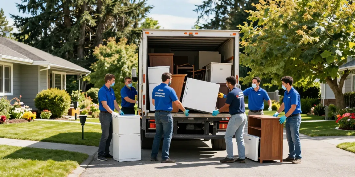 Efficient team providing target Junk Removal Vancouver service, loading truck with household junk.