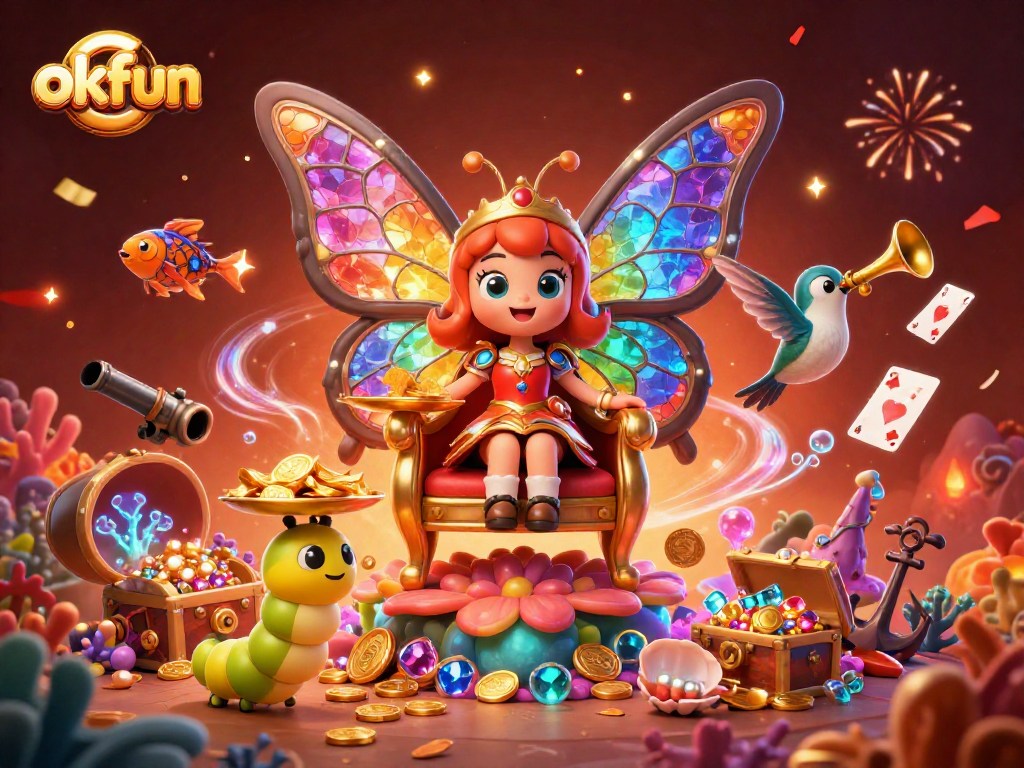 Win big at okfun with a vibrant 3D casino illustration showcasing a butterfly queen and treasure beneath the sea.