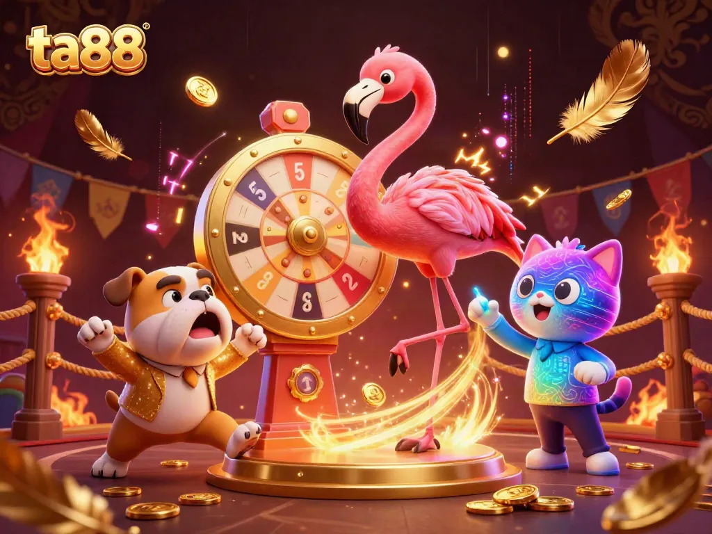 Engage in thrilling ta88 games as a flamingo host spins a golden prize wheel.