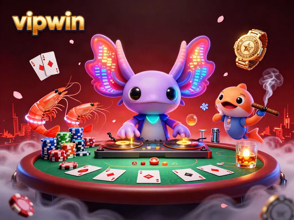 Join the vibrant scene at vipwin with a neon axolotl DJ and poker action!