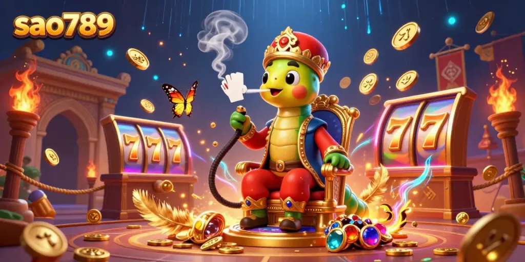 Sao789 captivates with vibrant slots in a magical casino scene featuring a whimsical caterpillar master.