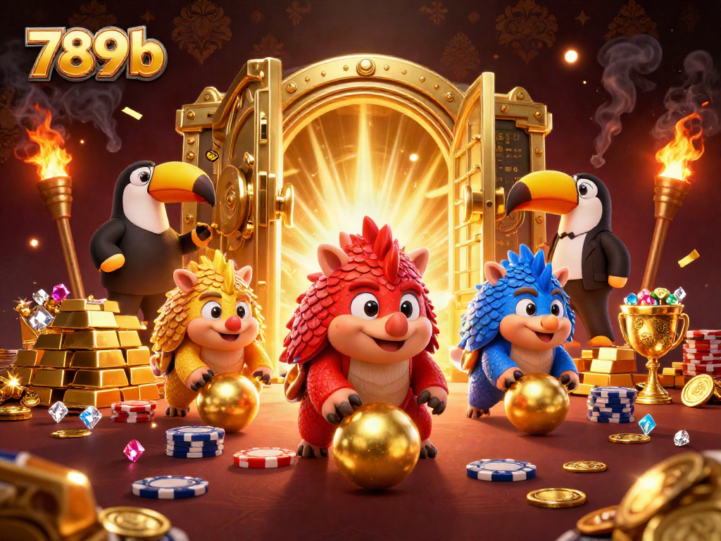 Exciting scene featuring rival pangolin characters in a casino showdown with golden elements showcasing 789b brand.