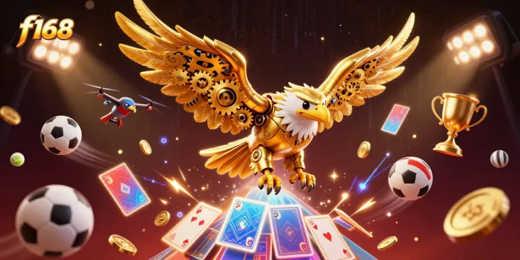 Experience thrilling action with the f168 casino gaming scene featuring a golden eagle and dynamic sports elements.
