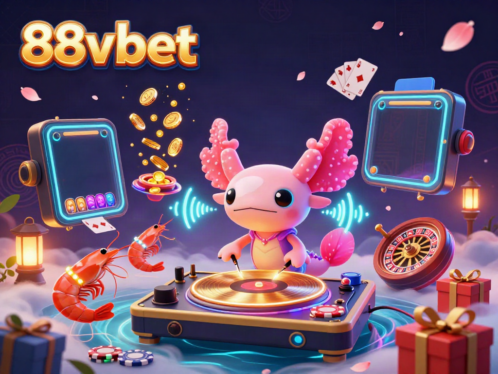 Engage in vibrant gaming with 88v bet featuring animated axolotl DJ, shrimp dancers, and interactive slot games.