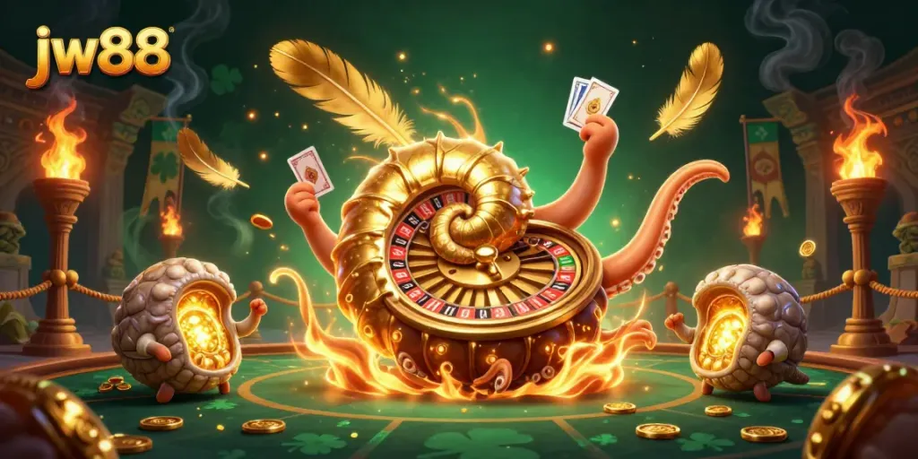 Experience thrills at jw88's dynamic casino arena featuring a colossal ancient nautilus, glowing ammonite companions, and an abundance of gold elements.