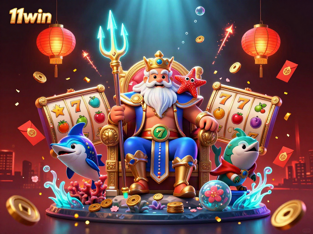 Win big with 11win's exciting casino adventure featuring Neptune and fun gaming symbols.