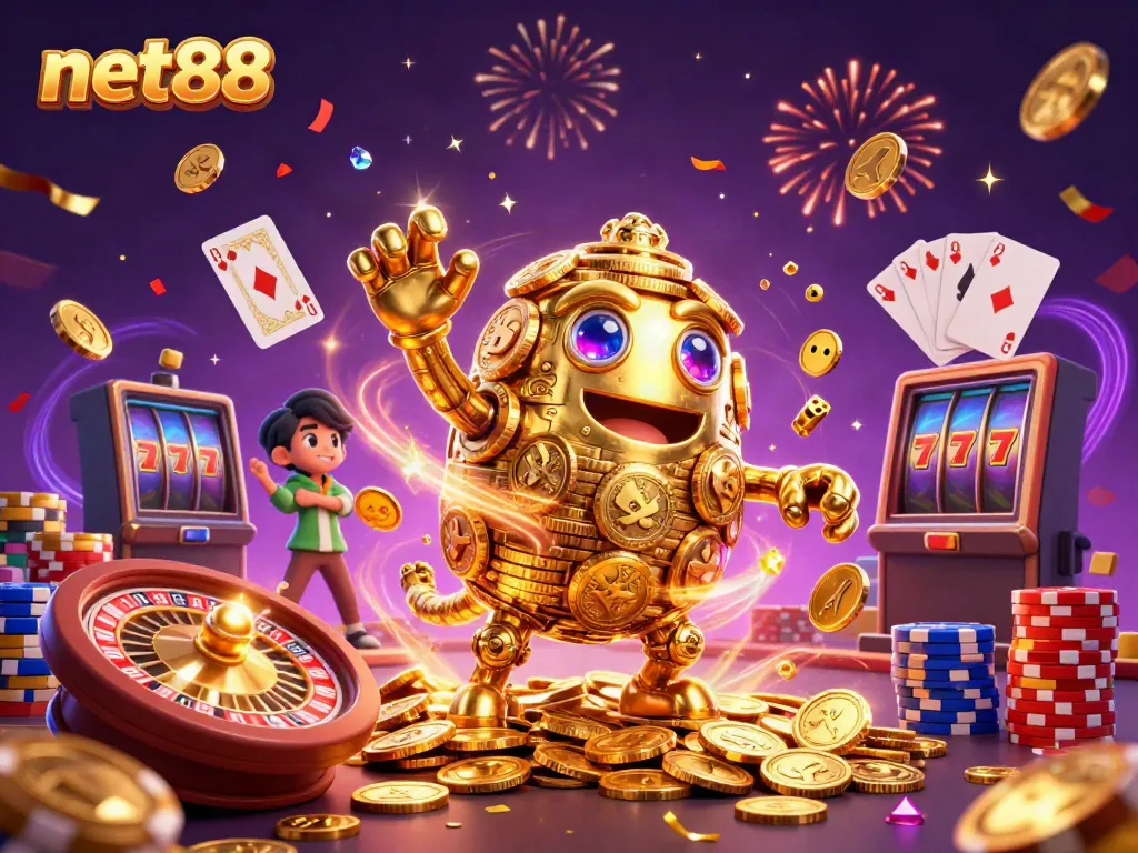 Experience excitement at net88 with a golden golem surrounded by coins and casino elements.