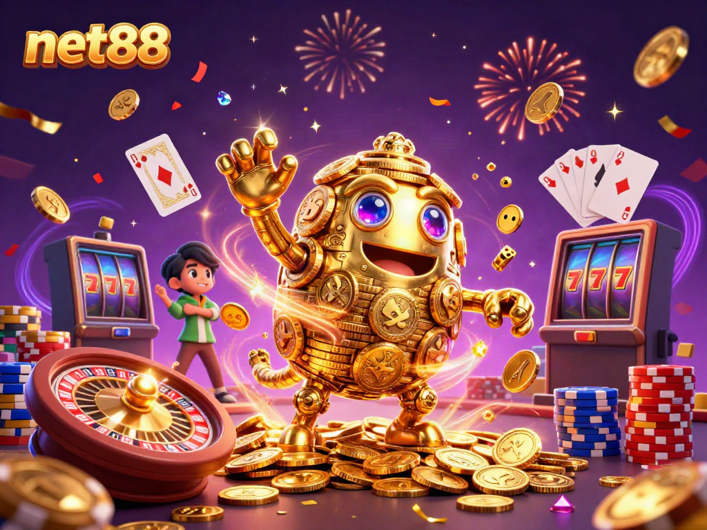 Experience excitement at net88 with a golden golem surrounded by coins and casino elements.