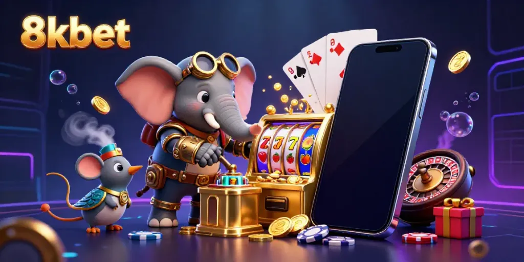 Experience the thrilling 8xbet slots with a steampunk elephant character operating a vibrant golden slot machine.