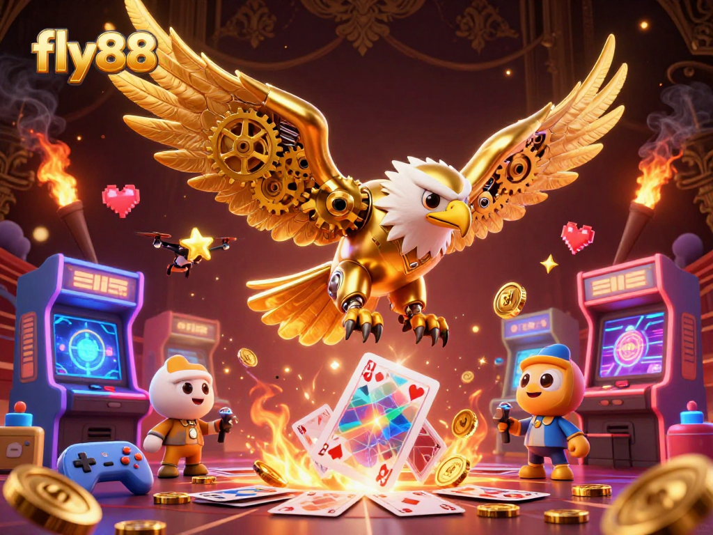 Experience thrilling action at fly88 with a cybernetic eagle soaring amidst vibrant casino elements.