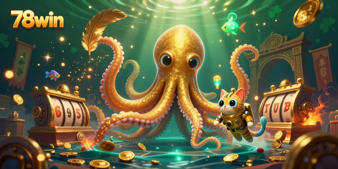 Experience thrilling moments at 78win with a kraken and diving cat amidst winning slots and golden treasures.