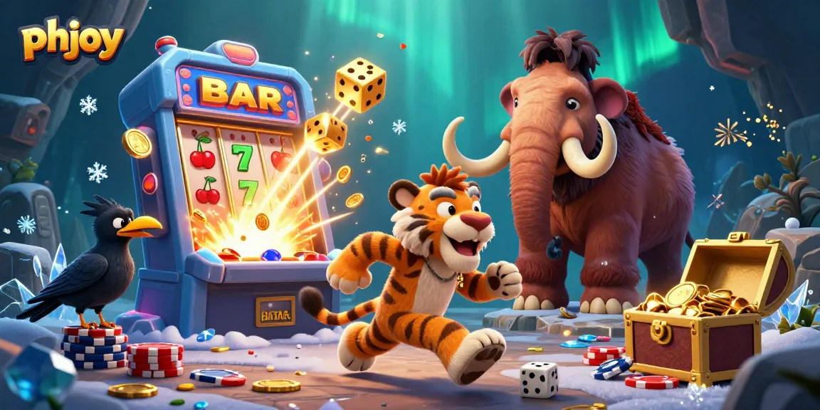 Engage in thrilling gaming action at phjoy with a dynamic prehistoric casino scene featuring jackpots and fun.