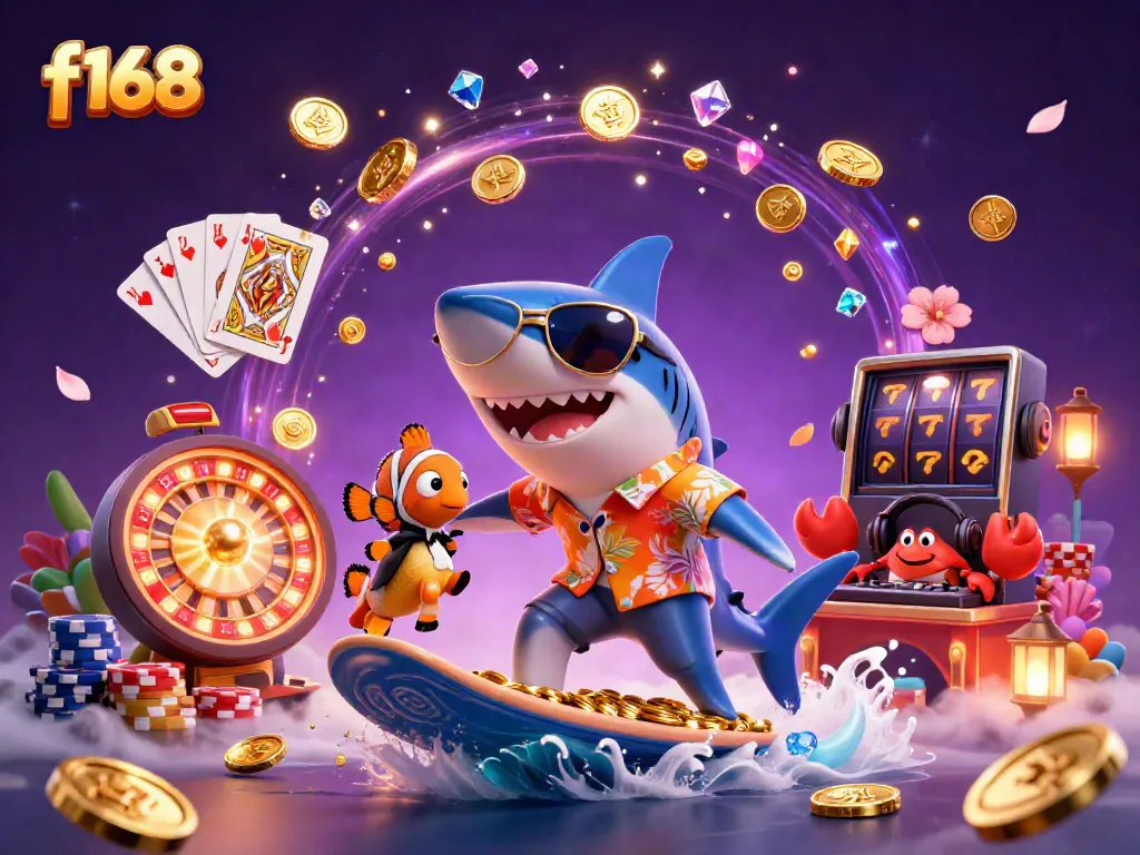 Experience the thrill of f168 with a shark surfing golden coins, showcasing vibrant casino elements.