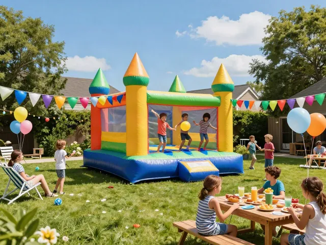 Kids enjoying a bounce castle at a fun-filled backyard party with colorful decorations and refreshments.
