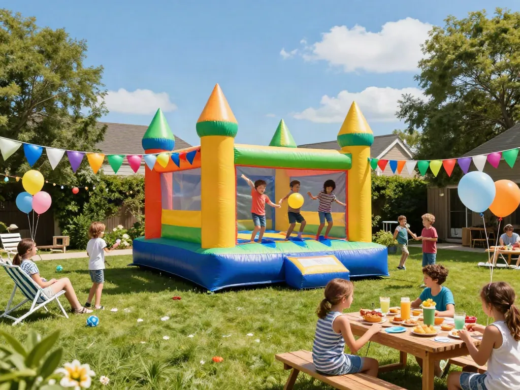 Kids enjoying a bounce castle at a fun-filled backyard party with colorful decorations and refreshments.