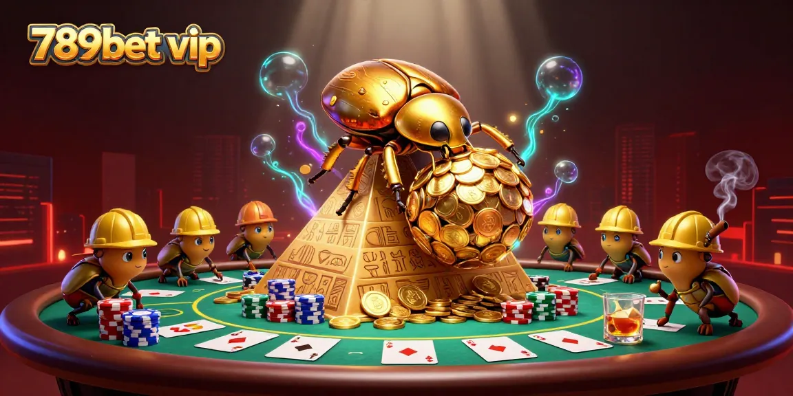 Experience thrilling gaming at 789bet vip with a cartoon beetle rolling golden coins and poker elements.