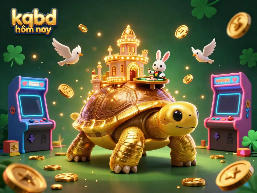 Engage in kqbd hôm nay with a vibrant 3D casino scene featuring a golden tortoise and a rabbit dealer amidst arcade elements.