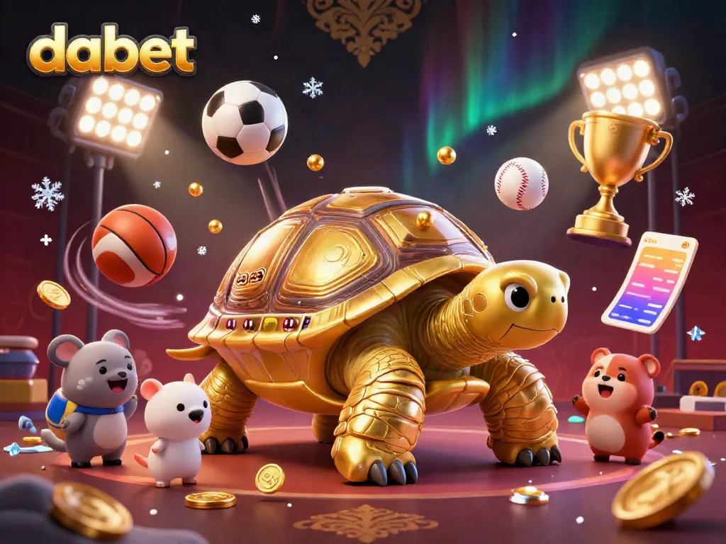 Dabet casino scene featuring animated golden tortoise pinball with lively animals and dynamic sports betting elements.