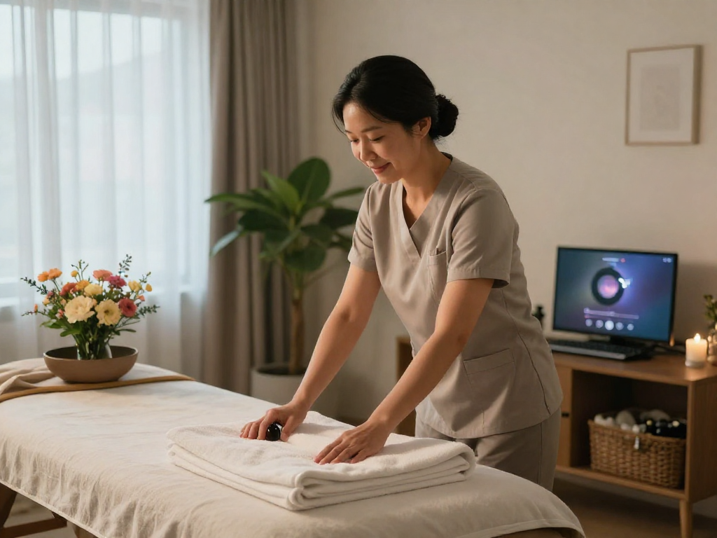 Professional therapist preparing for 종로출장마사지 session in a serene home environment.