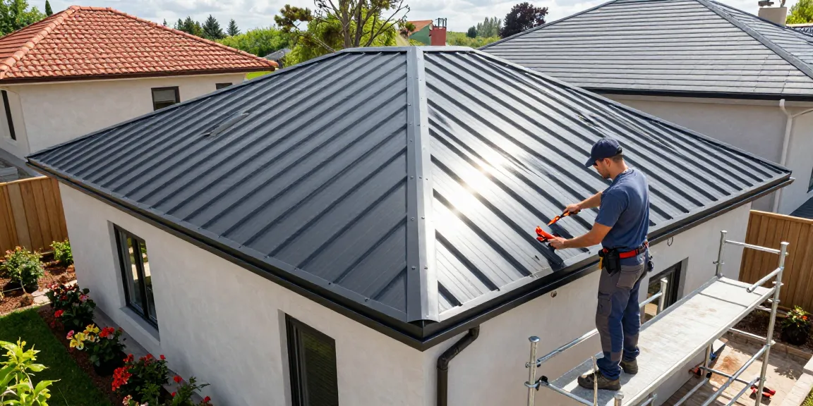 Explore a metal roof contractor portfolio with skilled contractors inspecting freshly installed metal roofing on a modern home.