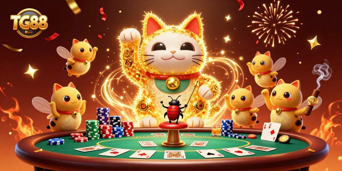 Experience the dynamic energy of TG88 with a lucky cat made of fireflies in a casino setting.