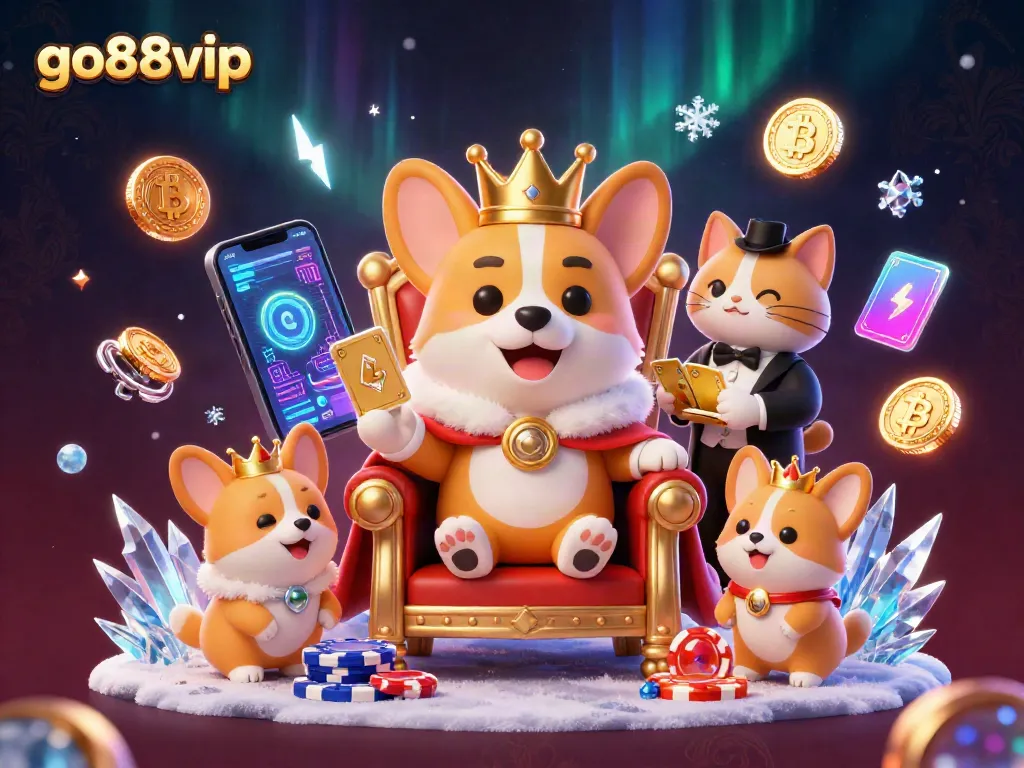 Experience lively gaming at go88vip with a charming royal corgi on a poker chip throne, flanked by charming character elements.