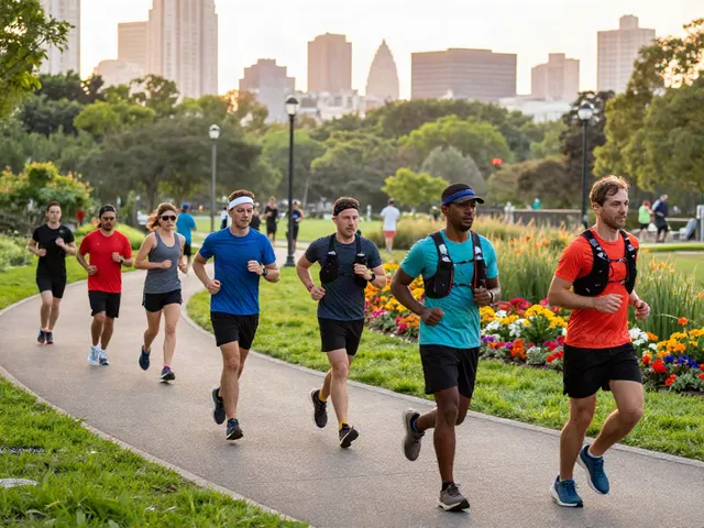 Vibrant urban running scene as diverse athletes enjoy fitness outdoors with Streek.
