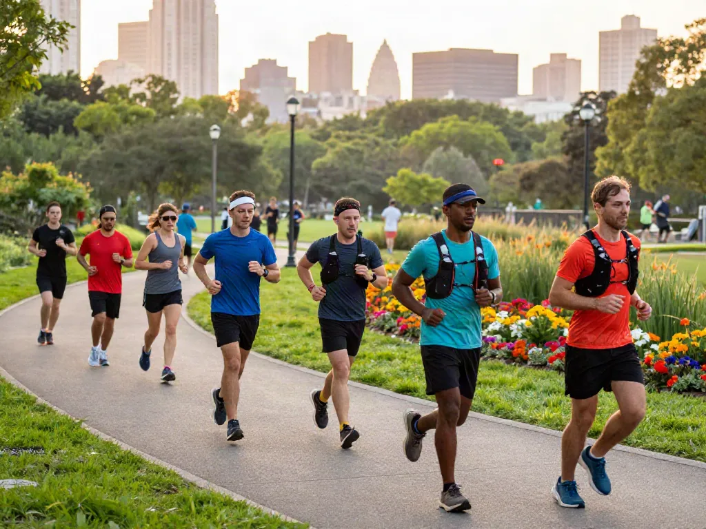 Vibrant urban running scene as diverse athletes enjoy fitness outdoors with Streek.