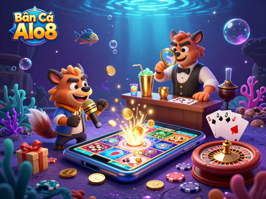 Bắn cá Alo8 illustration showing hyenas in an underwater casino, featuring colorful game elements and rich visual dynamics.
