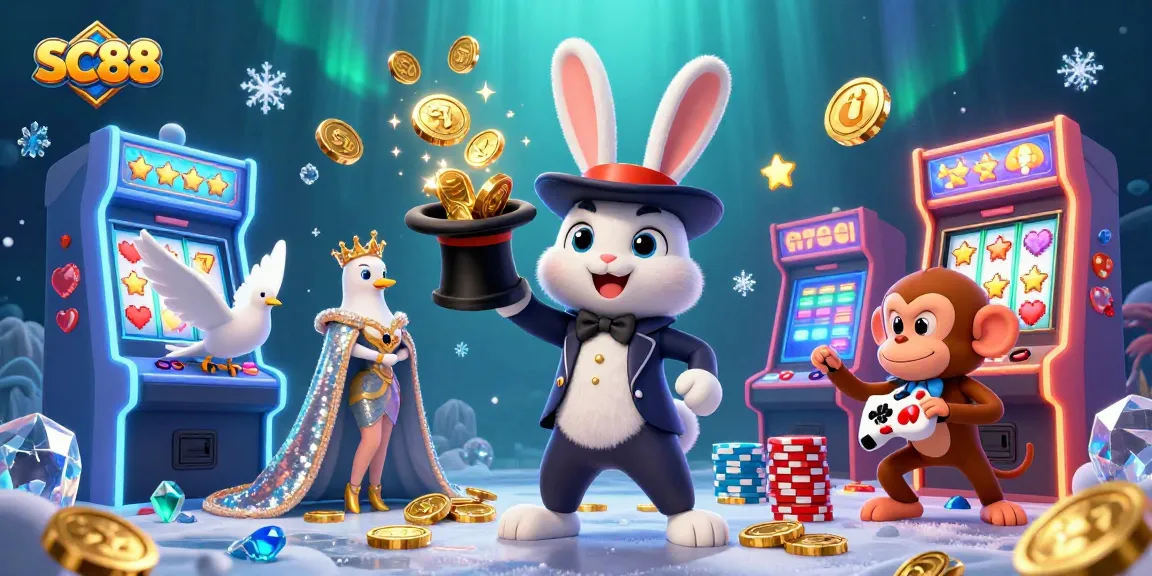 Engaging SC88 casino scene with a magician rabbit, dove, and monkey among vibrant slot machines.