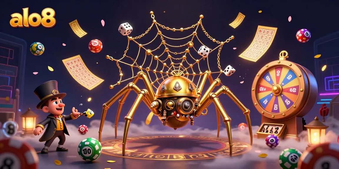 Engage with the vibrant world of alo8, showcasing a steampunk spider capturing dice amidst a rich dynamic casino scene.
