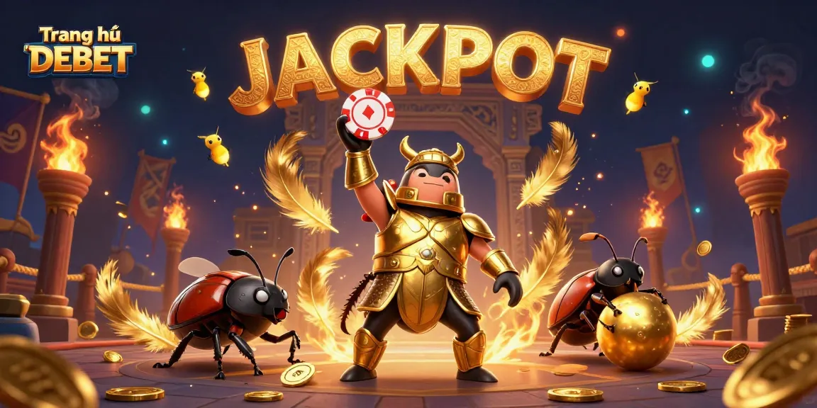 Engaging scene depicting Trang chủ DEBET with a victorious beetle lifting a poker chip, embodying excitement.