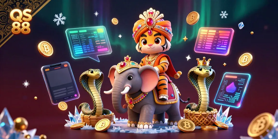Experience the vibrant QS 88 online casino, featuring a majestic tiger, an elephant, and crypto elements.