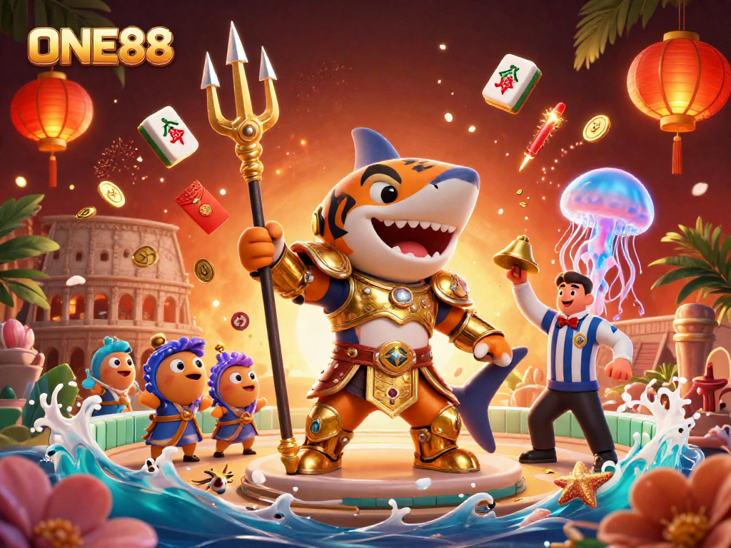 ONE88 offers exciting underwater casino action with a fierce tiger shark in gladiator armor.