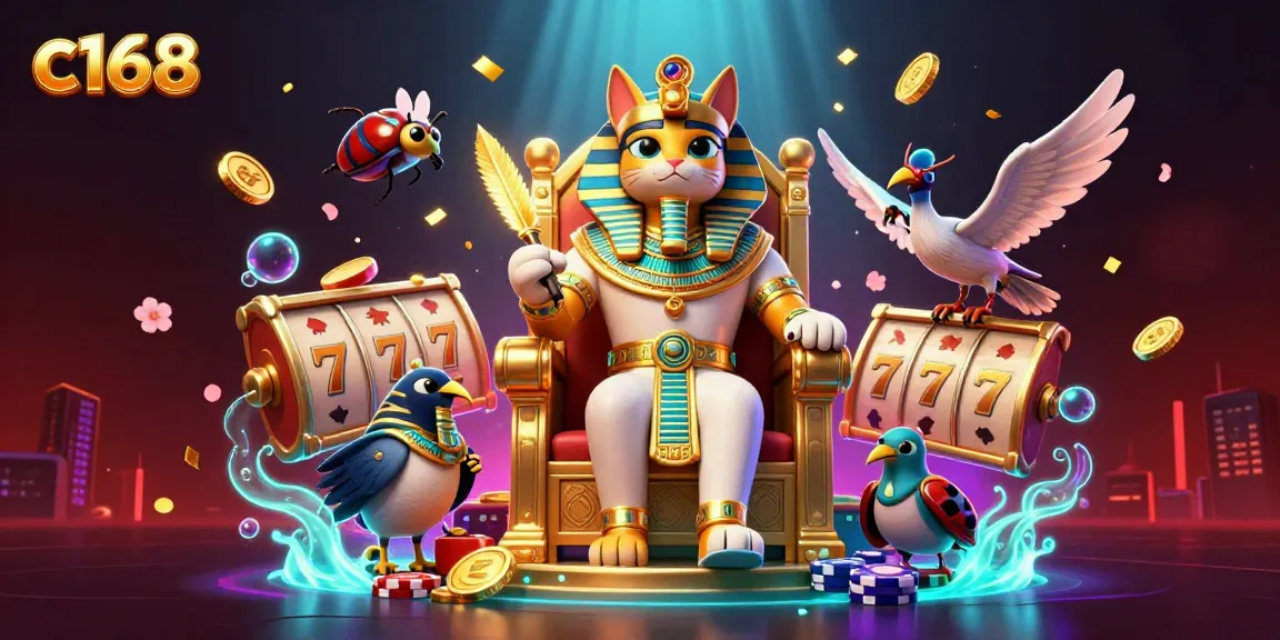 Engage with c168 exciting slots scene featuring a pharaoh cat and vibrant game elements.