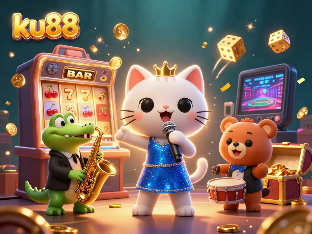 Experience the vibrant energy of ku88 with the 3D jazz-singer cat, saxophone crocodile, and drum-playing bear at a dazzling casino.