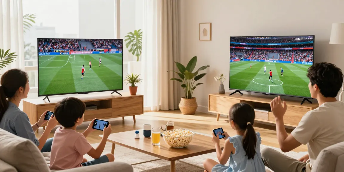 Family enjoying IPTV sports and entertainment in a cozy living room setup, highlighting modern technology in 2026.