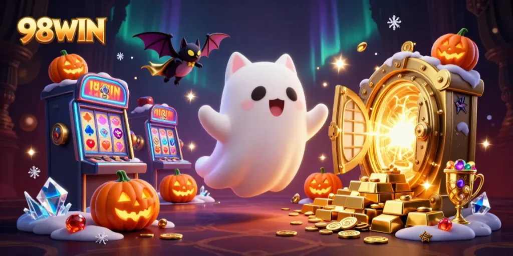 Experience the festive allure of 98WIN's haunted casino with a ghost cat and treasures.